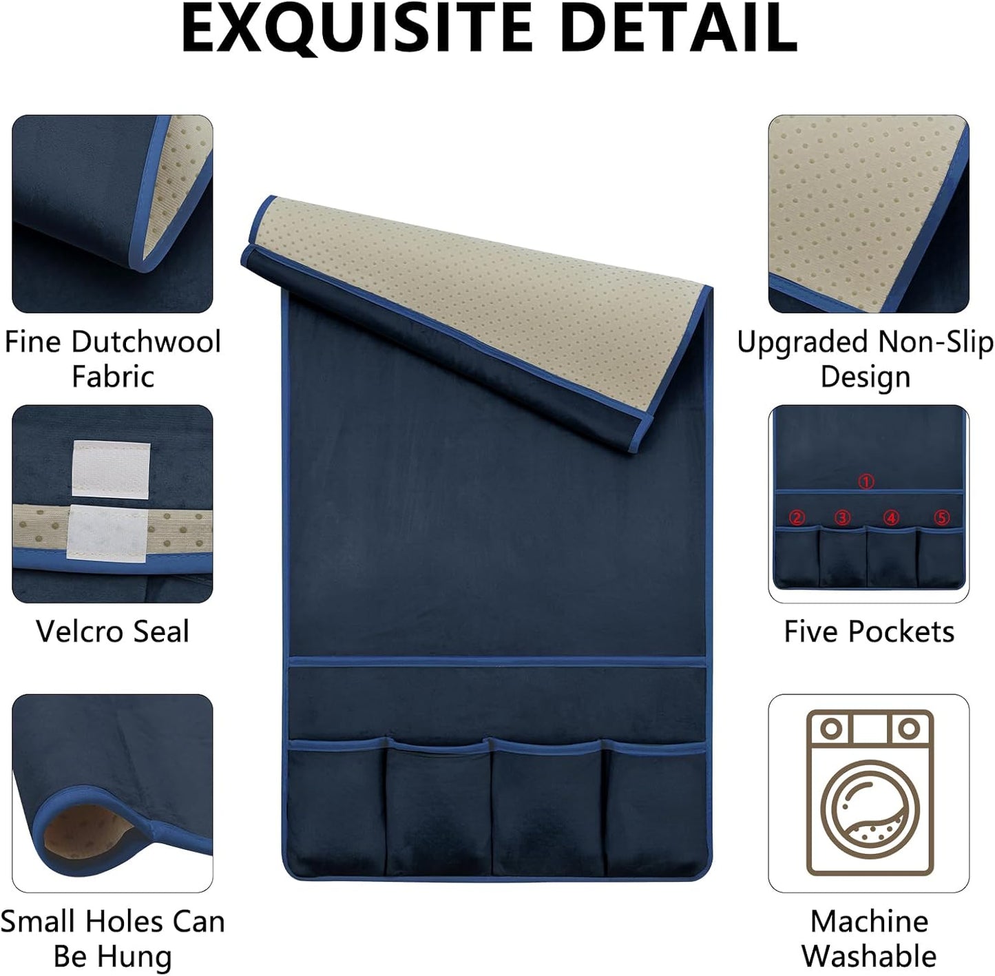 Remote Control Holder for Armchair Caddy, Remote Holder with 5 Pockets | Couch TV Remote Holder with Non-Slip Base, Bedside Caddy Organizer for Key Glasses Phone Magazine (Blue, 35"x12.4")