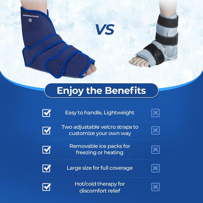 KingPavonini Ankle Foot Ice Pack Wrap, XL, Blue, 1 Wrap + 4 Gel Packs