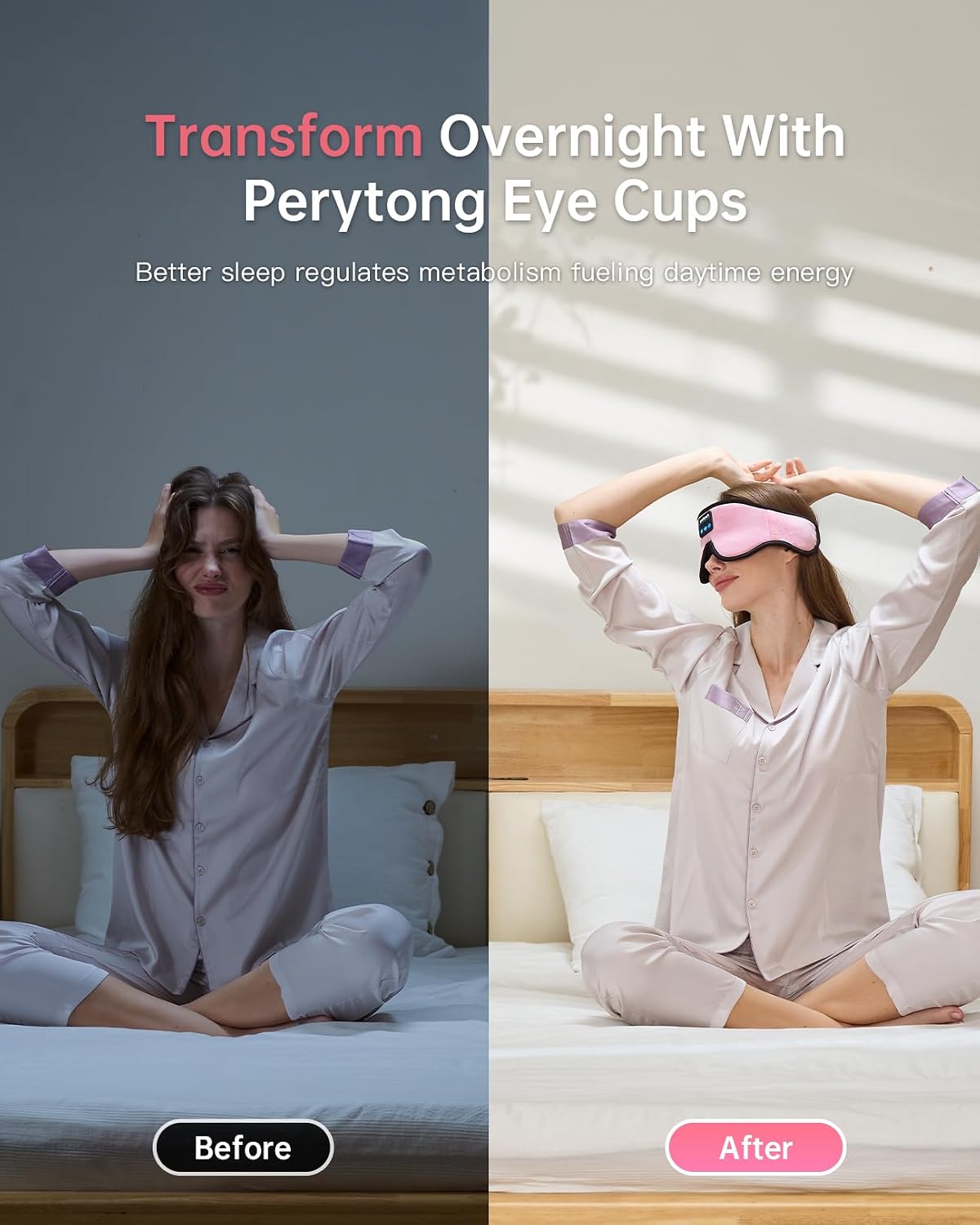 Perytong Sleep Mask with Bluetooth 5.4 Headphones, Wireless Music Sleep Eye Mask for Side Sleepers, 3D Contoured Comfort & Built-in HD Stereo Earphones, Blackout for Travel (Peach Pink)