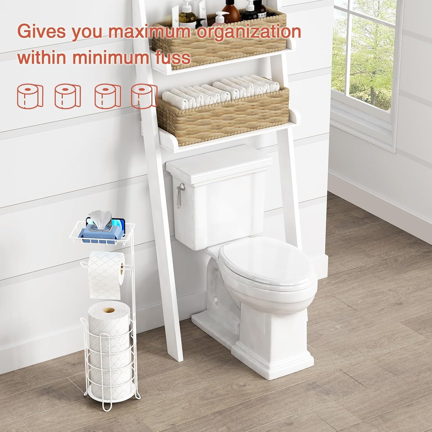 Goozii Gold Free Standing Toilet Paper Holder Stand with Phone Shelf, Floor Bathroom Tissue Holder for Large Mega Rolls, Metal Freestanding Toilet Paper Roll Holder with Wipes Storage Tray