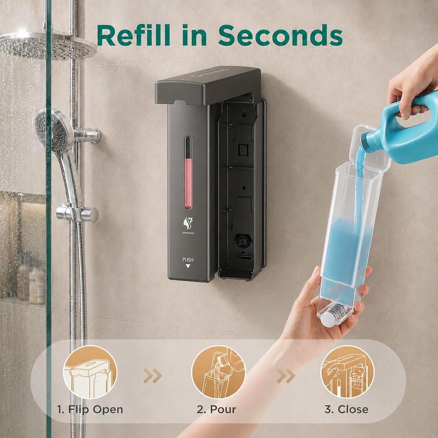 Shampoo and Conditioner Dispenser Wall Mounted, 3-Chamber Shower Soap Dispenser for Bathroom, 1200ML Large Capacity, No-Drill Installation, Clog-Free Pump for Thick Liquids (black-3-pack)