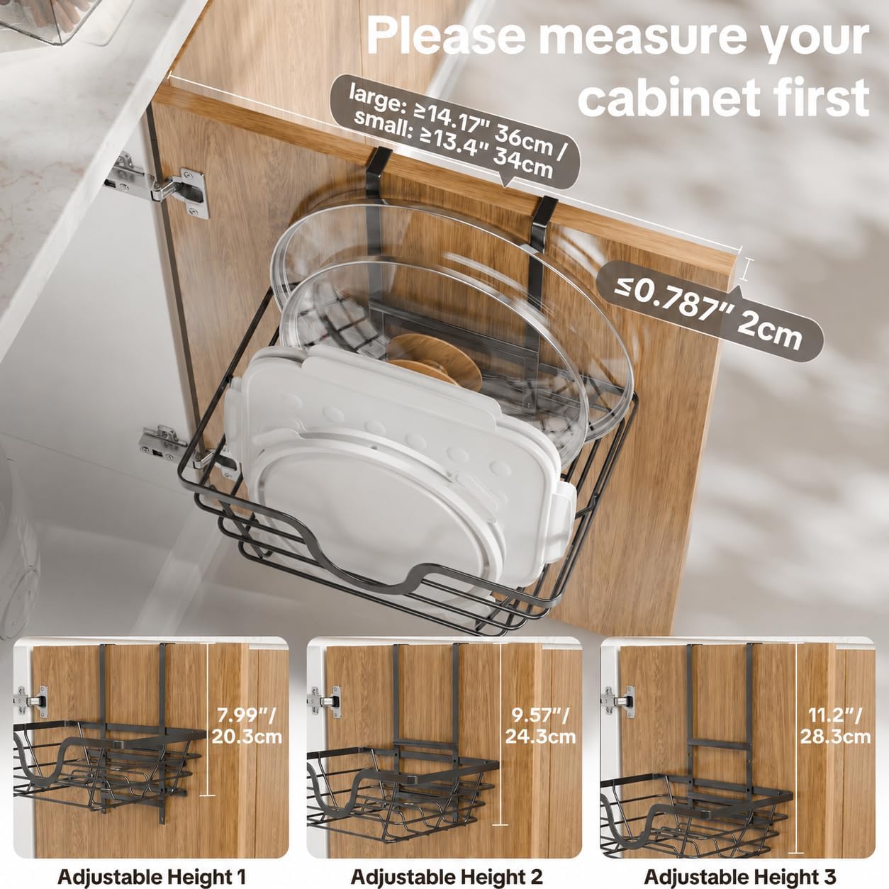 TIDIIABODE Pot Lid Organizer, Adjustable Kitchen Pot Lid Holder Inside Cabinet, Kitchen Cabinet Organizer Hanging for Food Storage Container, Pot, Pan Lid & Bakeware, Black