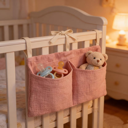 Baby Bedside Hanging Storage Bag Muslin Cotton Teddy Bear, Crib Diaper Caddy Organizer 2 Pockets, Nappy-Dormitory Nursery Organization Holder for Cribs, Playard or Wall Milk Bottle Bib Organizing