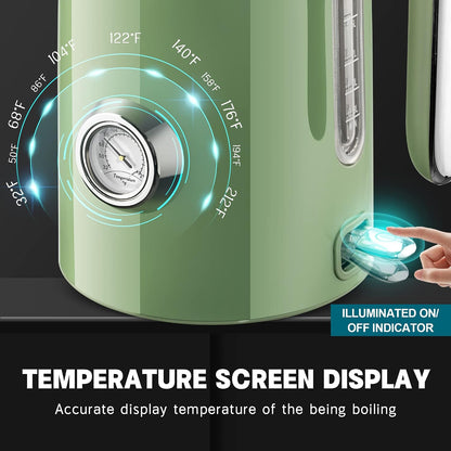 SUSTEAS 57oz Electric Kettle with Thermometer, Hot Water Pot, Retro Green | Electric Tea Kettle for Boiling Water, 1500W Stainless Steel Pot, Cordless LED Indicator, Auto Shut-Off & Boil Dry Protection