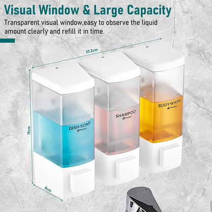 Pollock Shampoo and Conditioner Dispenser,Black 3 Chamber * 500ML | Shower Soap Dispenser Wall Mounted, Body Wash Dispenser No Drill,Refillable Shower Dispenser for Bathroom,Hotel,Public Place