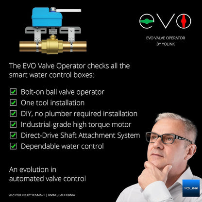 YoLink DIY Automatic Water Leak Detection & Shut-Off Starter Kit, EVO Valve Operator, Wireless Valve Controller, (3) Leak Sensors, Hub