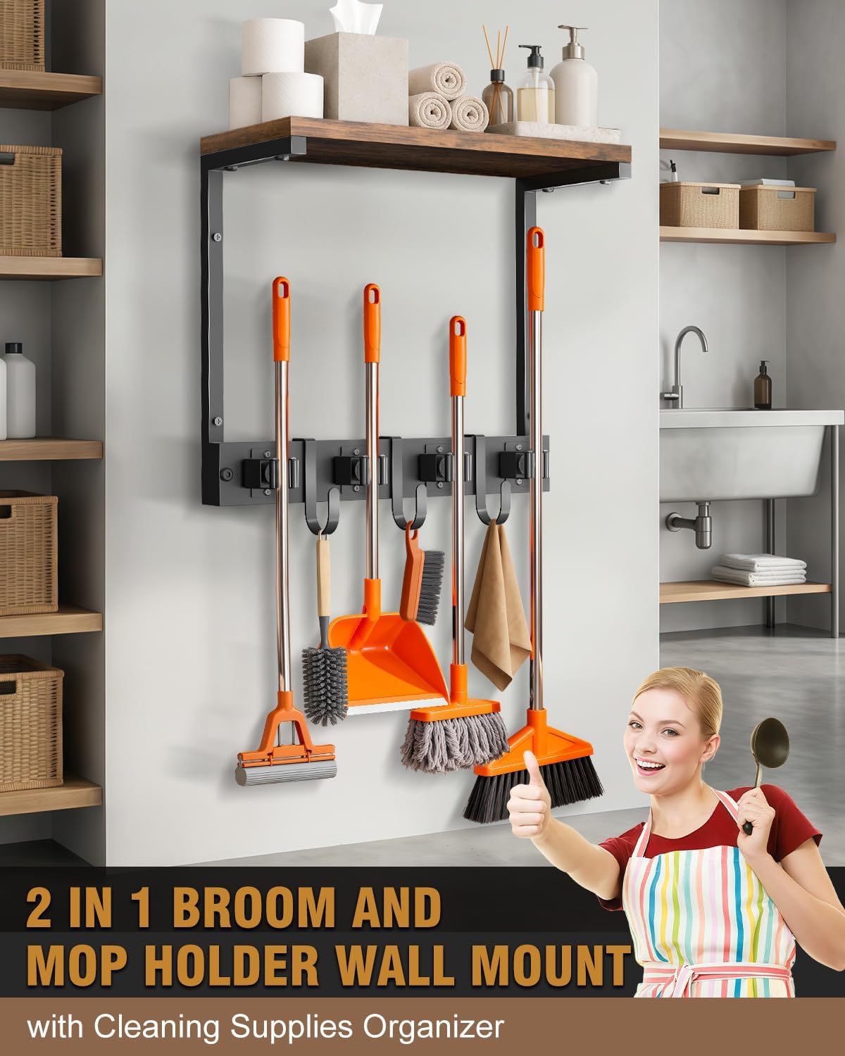 Large Broom Holder Wall Mount with Shelf, Vacuum Organizer, 5 Slots 5 Hooks | Black, 3-In-1 Wall Mount Stores Brooms/Mops/Vacuum, Cleaning Supplies With 5 Grippers/5 Hooks And A Sturdy Wooden Top Shelf