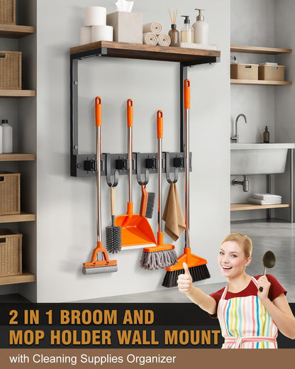 Large Broom Holder Wall Mount with Shelf, Vacuum Organizer, 5 Slots 5 Hooks | Black, 3-In-1 Wall Mount Stores Brooms/Mops/Vacuum, Cleaning Supplies With 5 Grippers/5 Hooks And A Sturdy Wooden Top Shelf