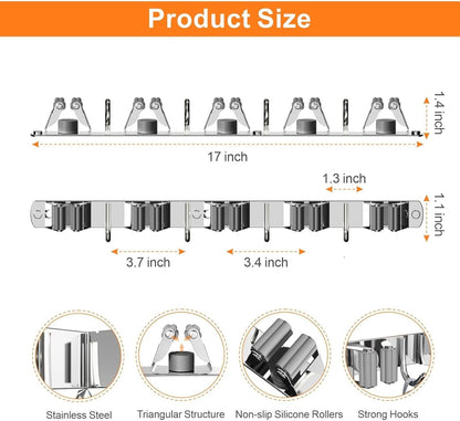 CUXIXA Mop and Broom Holder Wall Mount, Upgraded Broom Organizer Wall Mount, Stainless Steel Broom Hanger Wall Mount for Home Kitchen Garden Laundry Garage (3 Racks with 4 Hooks)