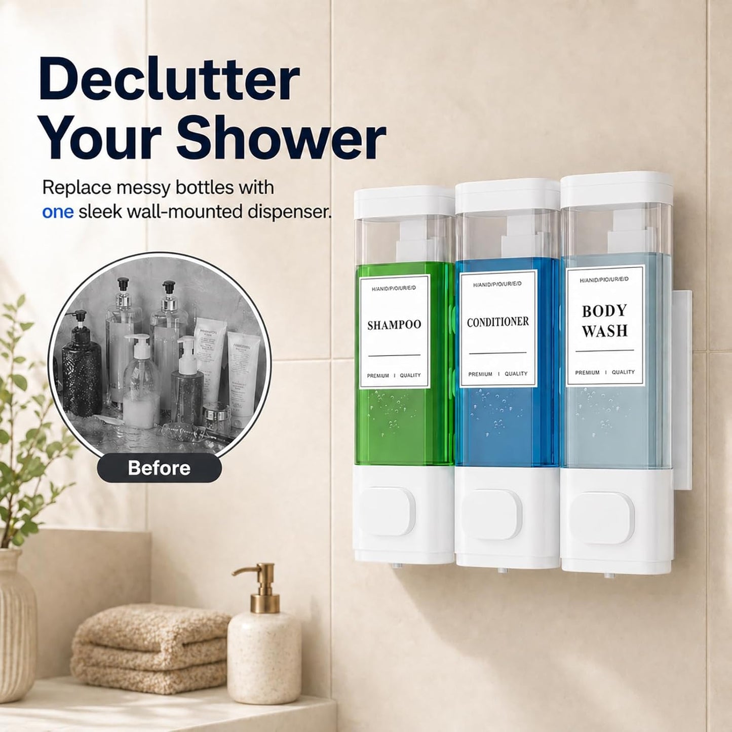 Shampoo and Conditioner Dispenser – Wall-Mounted Shower Soap Dispenser, No-Drill Installation, Lockable, 900 ml Capacity,for Bathroom & Hotel or Airbnb (Black, 3-Pack)