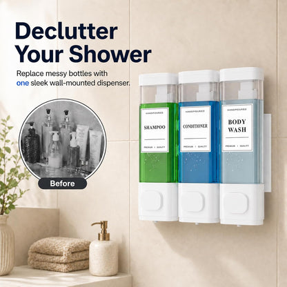 Shampoo and Conditioner Dispenser – Wall-Mounted Shower Soap Dispenser, No-Drill Installation, Lockable, 900 ml Capacity,for Bathroom & Hotel or Airbnb (Black, 3-Pack)
