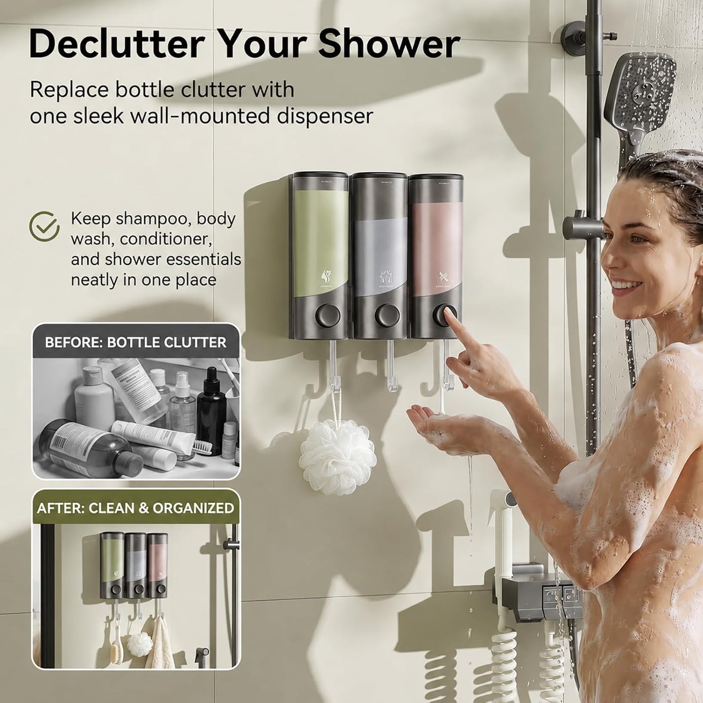 Shampoo and Conditioner Dispenser Wall Mounted with Hooks, 3-Chamber 1200ML Shower Soap Dispenser, No-Drill Bathroom Shower Organizer for Shampoo, Conditioner, Body Wash（Gun Grey）