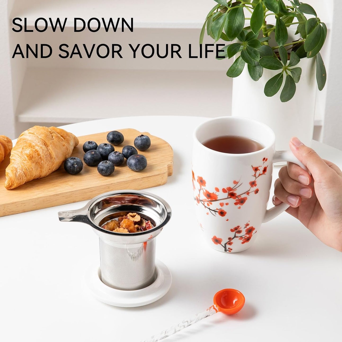 Sweejar Porcelain Tea Infuser Mug with Lid, 16 oz Teacup with Strainers for Loose Leaf Tea, Microwave and Dishwasher Safe Coffee Mug(Purple)