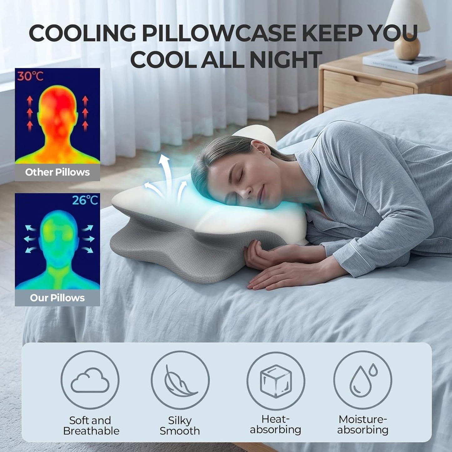 Cervical Neck Pillow for Pain Relief - Ergonomic Memory Foam Pillows | Contour Side Sleeper Pillow for Neck Support, Orthopedic Pillow for Sleeping, Bed Pillow for Sleepers, Grey
