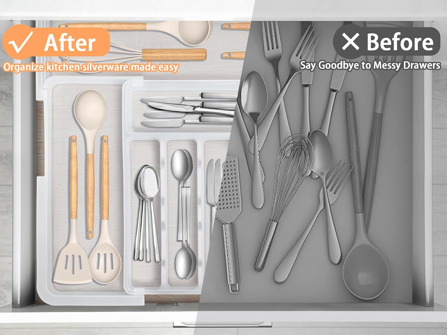 Large Silverware Drawer Organizer Expandable Kitchen Utensil Organizer BPA Free Flatware Cutlery Holder Tray Adjustable Plastic Drawer Divider Storage for Forks Knives 6-9 Slots White