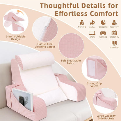 Foldable Reading Pillow for Sitting in Bed Adult, White/Grey, 19"