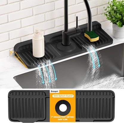 24'' Longer Faucet Mat for Kitchen Sink Splash Guard[7° Slope Fast Self-draining][Snap Lock Fit]Kitchen Sink Faucet Mat Splash Guard Kitchen Sink Area Water Splash Guard Behind Faucet Draining Mat