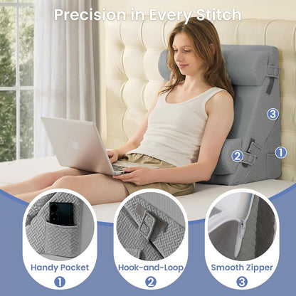 Sasttie Adjustable Wedge Pillow Set for After Surgery, Dark Grey & White | Bed Wedge Pillow Headboard with Memory Foam Neck Cushion, for Acid Reflux, Sleeping, Neck & Back Support