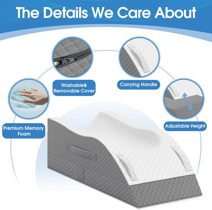 TranquilRelax Leg Elevation Pillows for After Surgery, Wedge Pillow, Grey | Memory Foam, All-around Knee & Ankle Support for Swelling, Height-adjustable, Nop-Slip Bottom, Washable Cover, Single-leg
