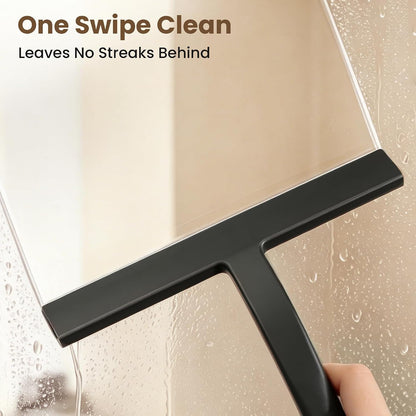 10 Inch Silicone Shower Squeegee for Glass Doors, Streak-Free, Black | No-Squeak Silicone Blade, Ergonomic Round Grip and Built-In Hook for Quick Daily Cleaning of Shower Glass, Tile and Windows