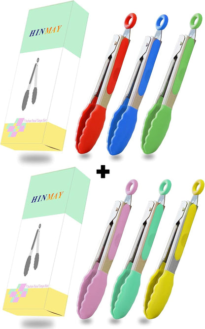 HINMAY Mini Tongs with Silicone Tips 7-Inch Serving Tongs, Set of 3 (Red Blue Green)