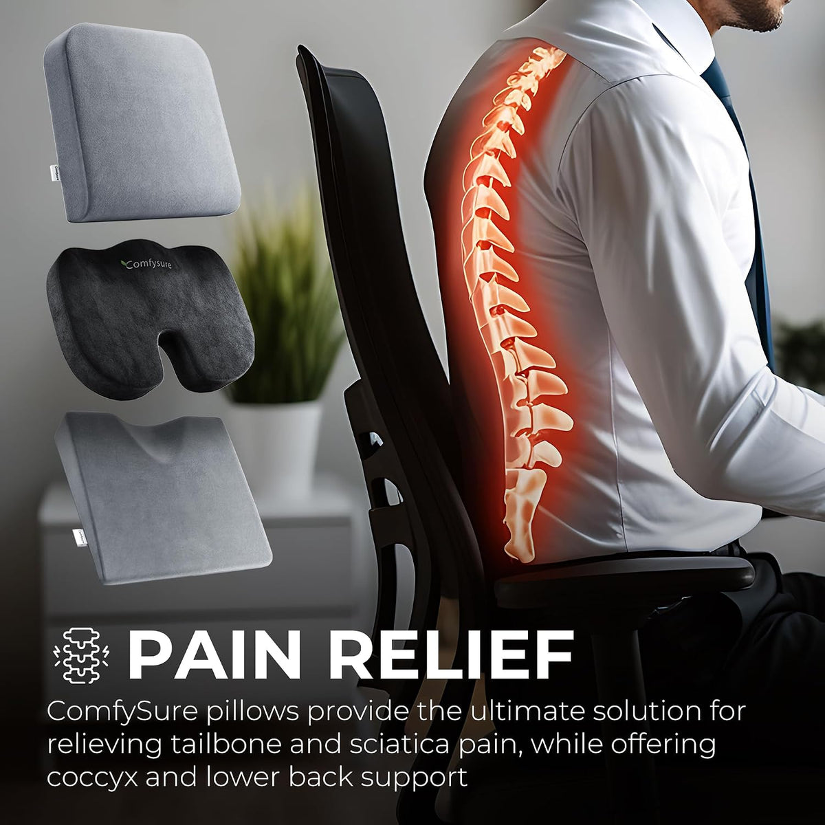 Memory Foam Seat Cushion - Tailbone Pain Relief Cushion, Non-Slip Sciatica Pain Relief Pillow - Cushion for Office Chair, Car, Wheelchair, Computer, Desk Chair - Coccyx, Lower Back Support (Navy)