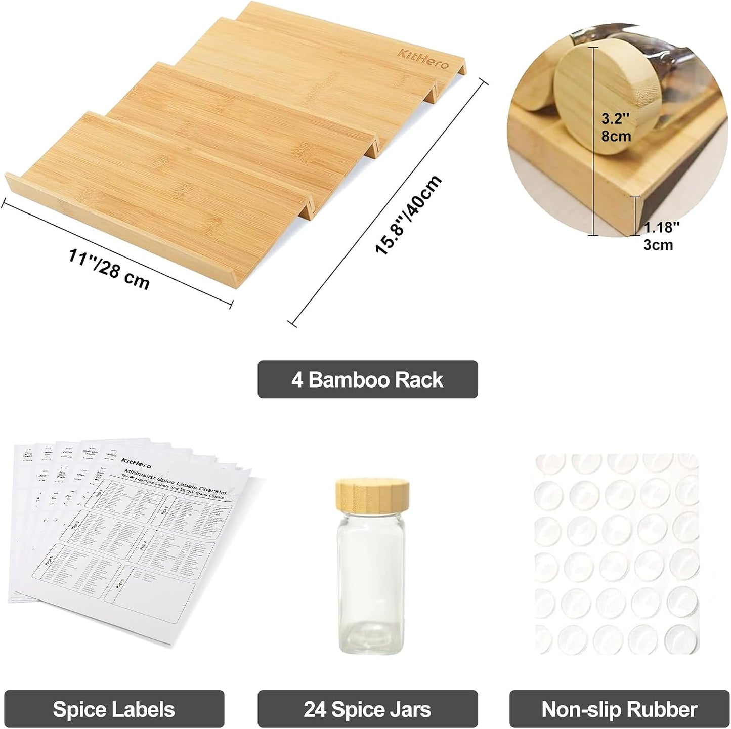 Spice Drawer Organzier,4 Tiers Bamboo Spice Rack Tray Insert for Cabinet Drawer Countertop, Kitchen Seasoning Storage Drawer Organization,14.57" Wide x 15.8" Deep （Hold UP To 32 Jars
