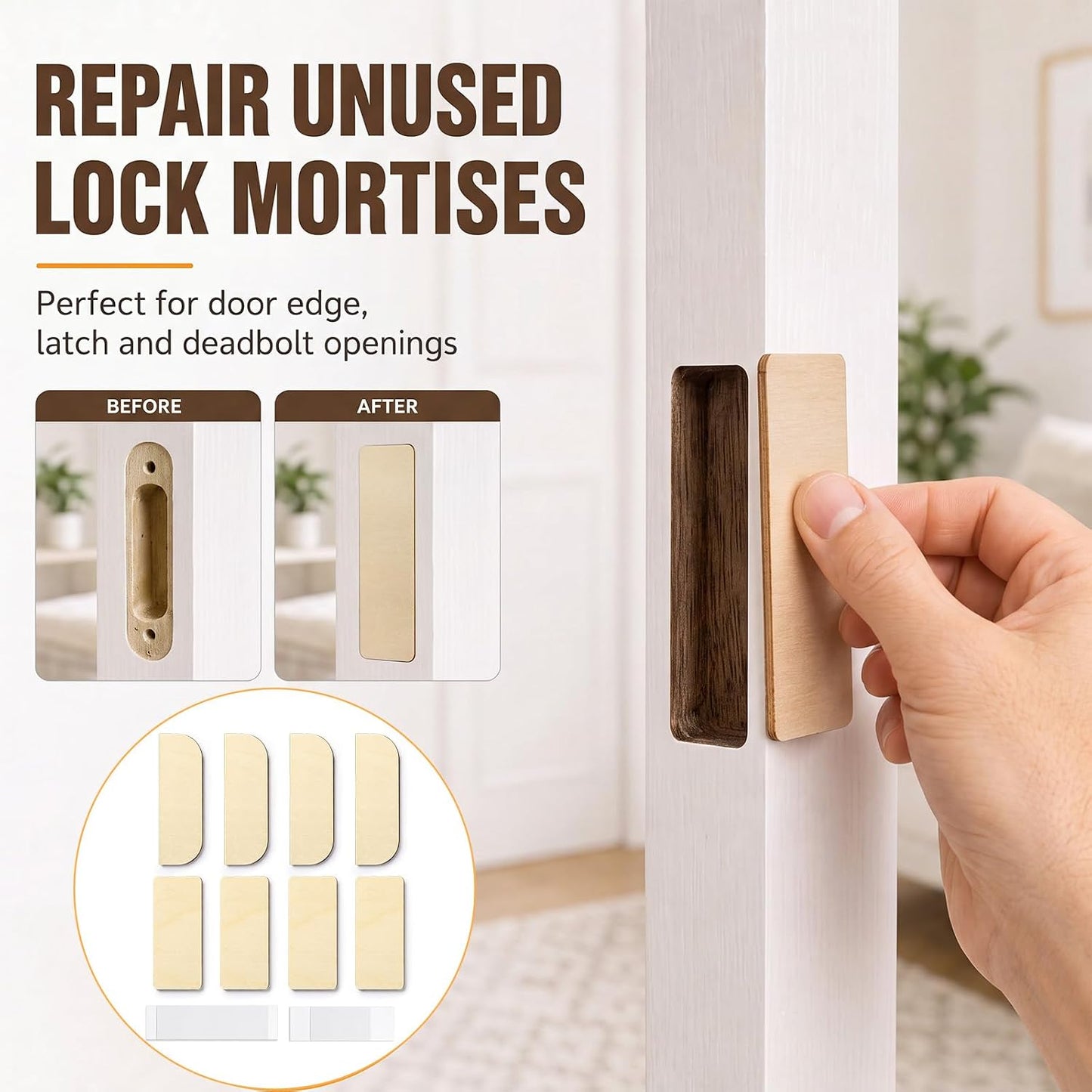 8 Pack 3.5 Inch Hinge Repair Wooden Plate Door Hole Cover Plate Wooden Hinge Filler Wood Repair Kit Kitchen Cabinet Hinges Cabinet Door Blanks with Double Sided Tapes