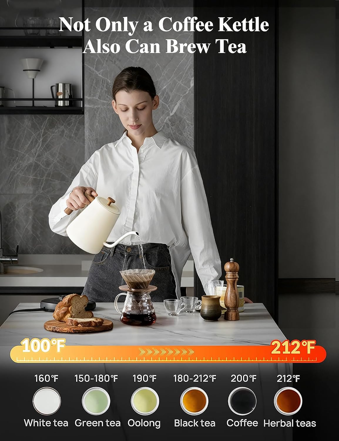 KLEAH Gooseneck Electric Kettle with Temperature Control - 0.8L Automatic Shut Off Tea & Coffee Kettle, Hot Water Boiler Pour Over Coffee Kettle, 1200W Quick Heating Keep Warm, Bone White
