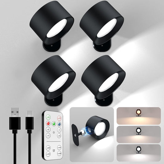 LED Wall Mounted Lights, Rechargeable Battery Operated Wall Sconces Lamp 3 Colors Temps & Remote and Touch, 360°Rotation Dimmable Wall Lights for Study Bedroom Reading Bedside