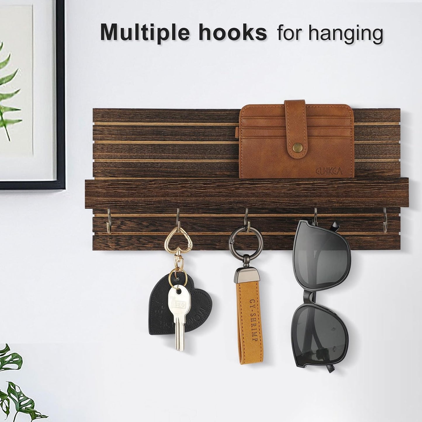 Lwenki Decorative Key Holder for Wall with Shelf, Entryway Shelf with Hooks Holds Leashes, Jackets and Glasses – Sturdy Wood Keyholder Entrance Hanger with Mounting Hardware (Black, Medium)