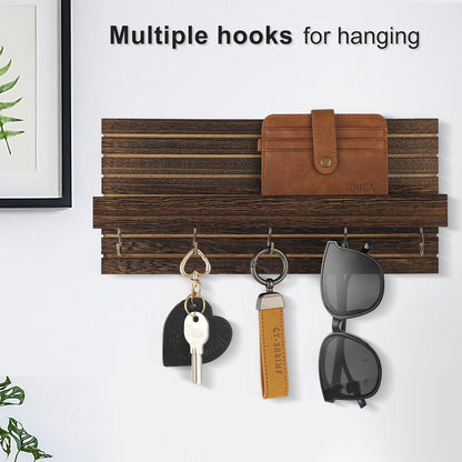 Lwenki Decorative Key Holder for Wall with Shelf, Entryway Shelf with Hooks Holds Leashes, Jackets and Glasses – Sturdy Wood Keyholder Entrance Hanger with Mounting Hardware (Black, Medium)
