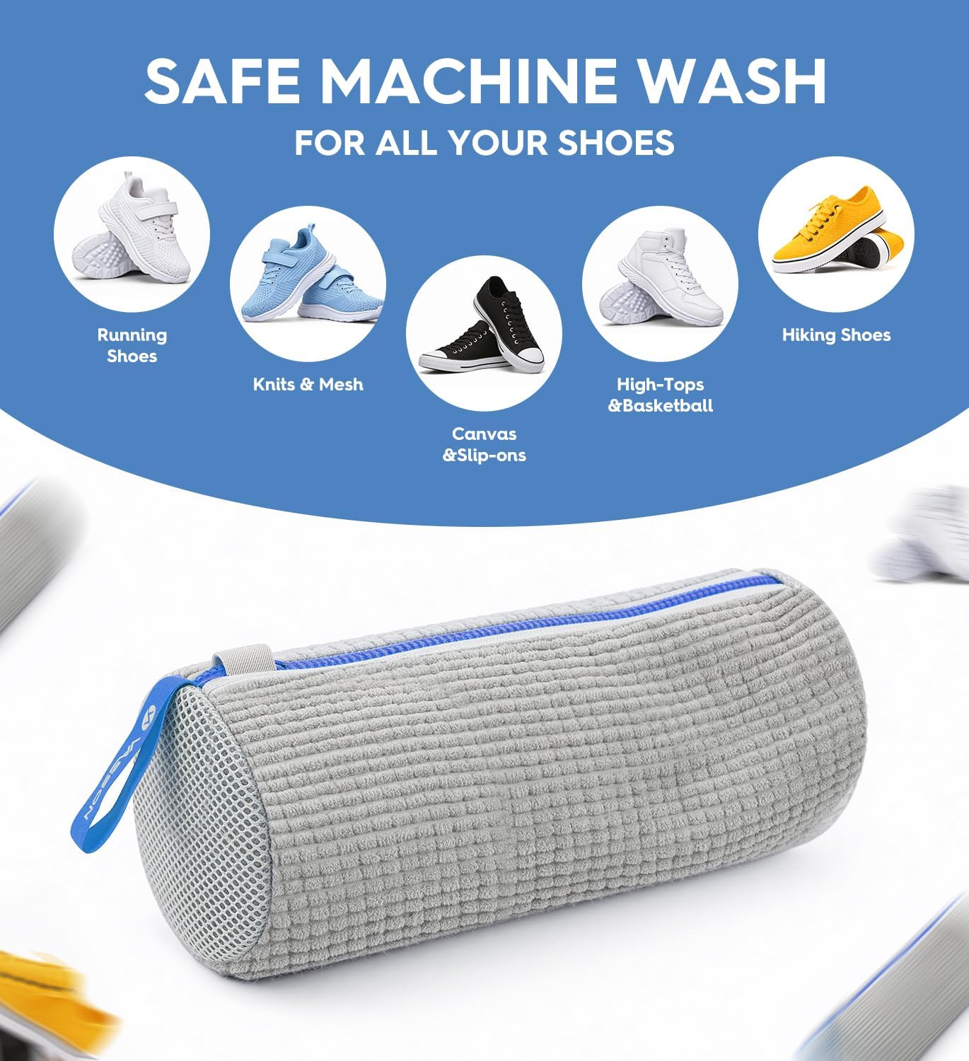 VASSON Shoe Washing Machine Bag, 2 Pack XL Laundry Bags for Sneakers | Heavy-duty thick material for noise reduction. Fits large shoes up to Size 13 - Cool Grey/Blue