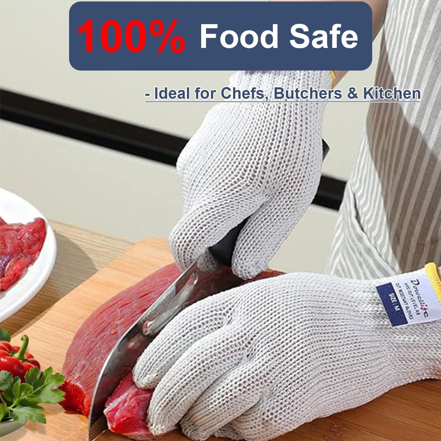 Dowellife Cut Resistant Gloves A9 Maximum Protection - Food Grade Kitchen & Chef Gloves for Food Prep, Knife Cutting, Mandoline Slicing, Butcher, Oyster Shucking, Fish Handling (Medium)