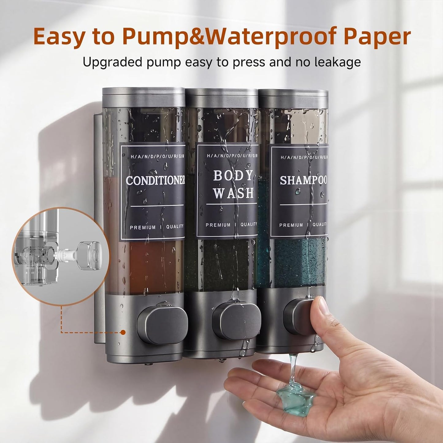 Shampoo and Conditioner Dispenser,Shower Soap Dispenser 3 Chamber No Drill Wall-Mounted Shampoo Dispenser for Shower Wall Mounted Shower Dispenser for Bathroom Hotel Large Capacity,Dark Gray1