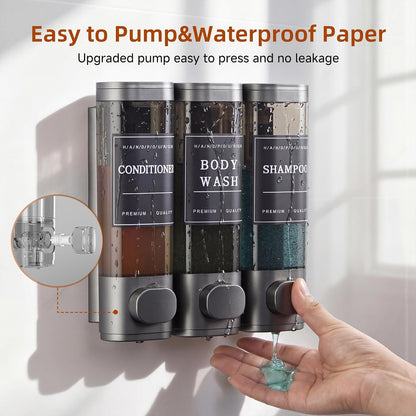 Shampoo and Conditioner Dispenser,Shower Soap Dispenser 3 Chamber No Drill Wall-Mounted Shampoo Dispenser for Shower Wall Mounted Shower Dispenser for Bathroom Hotel Large Capacity,Dark Gray1