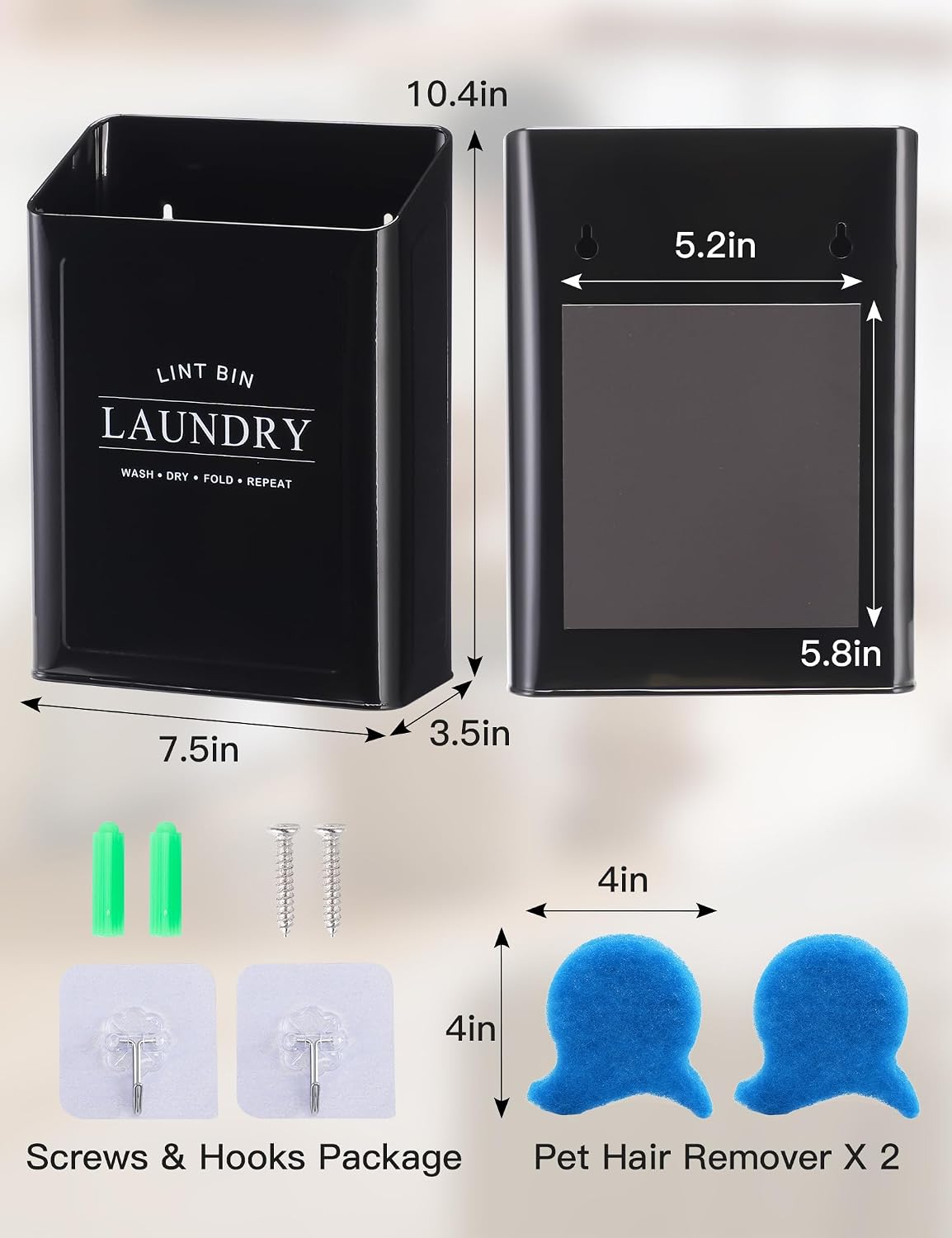 Magnetic Lint Bin, Metal Dryer Lint Trash Can for Laundry Room | Magnetic mount for dryer; includes 2 pet hair removers; farmhouse‑style decor; sturdy metal construction