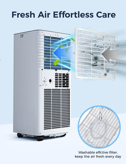 14000BTU Portable Air Conditioner, 4-in-1 700 Sq. Ft, Quiet for room | 14000BTU AC cools 700sq.ft, 4-in-1 cool/fan/dry/sleep, quiet, LED, remote, 24H timer, kit, for bed/office/dorm.