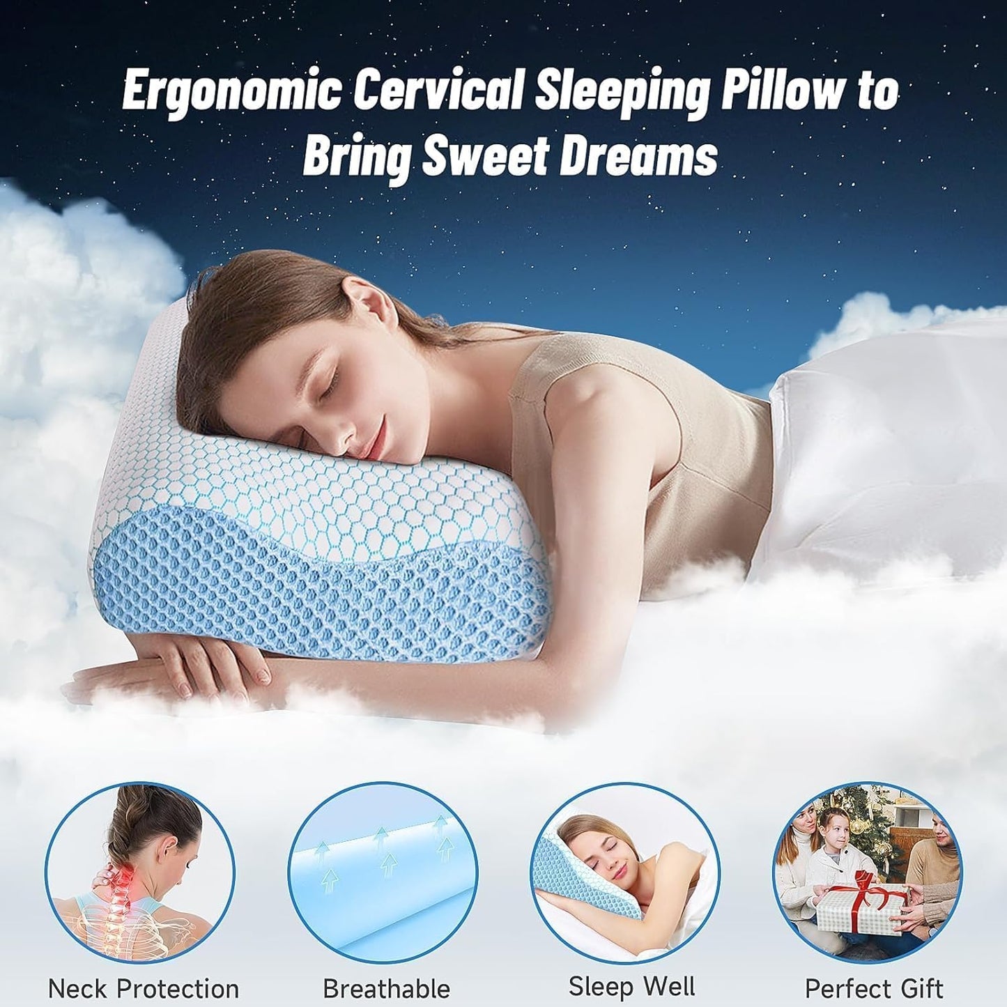 Neck Pillow for Sleeping, Ergonomic Cervical Bed Pillow, Blue Standard Size | Memory Foam Bed Pillow for Side Back Stomach Sleepers, Contour Fit Neck Pillow for Sleeping and Neck Pain Relief