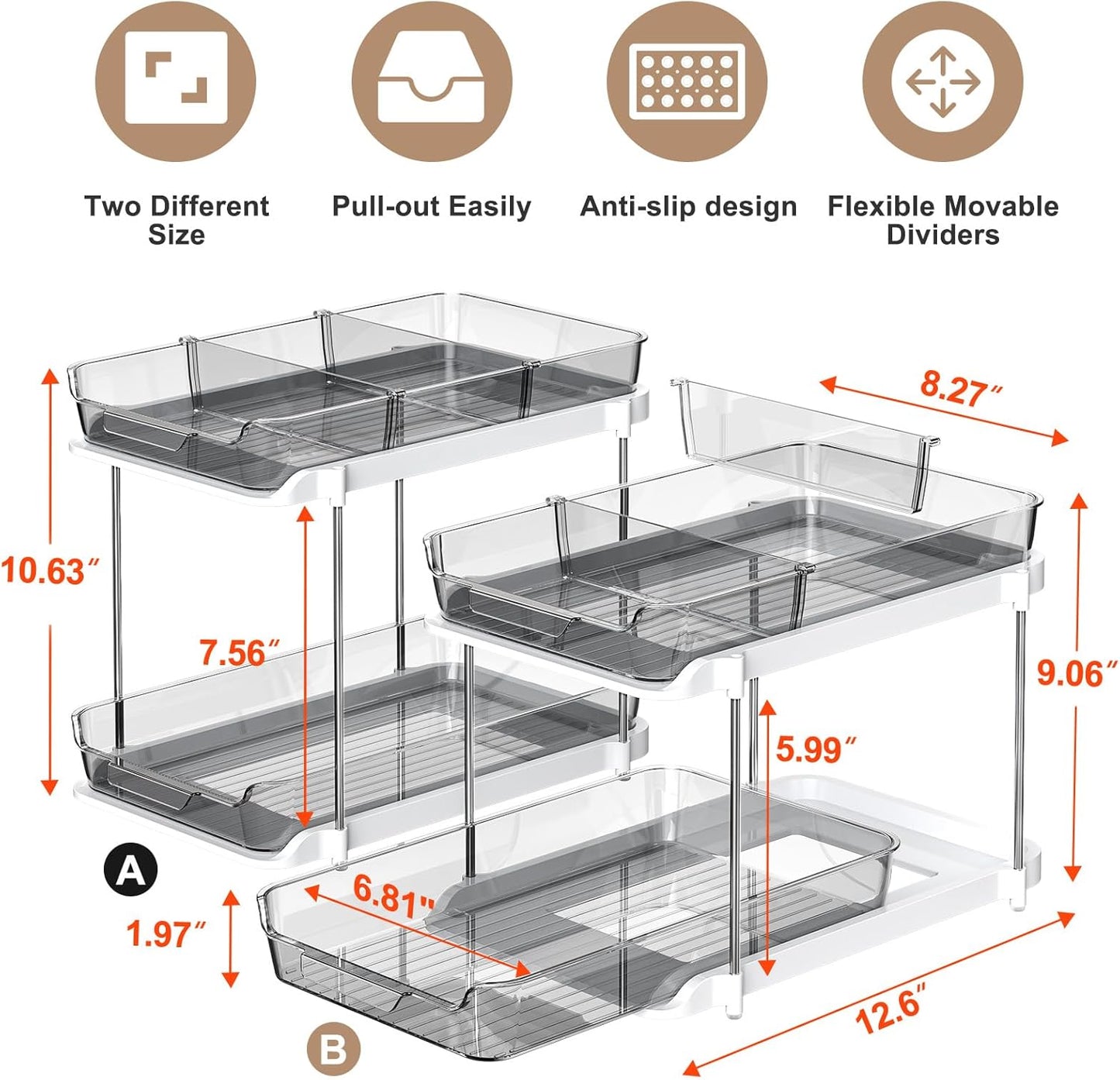 Delamu 2-Tier Multi-Purpose Bathroom Under Sink Organizers and Storage, Stackable Kitchen Pantry Organization, Pull Out Medicine Cabinet Organizer with Movable Dividers, White, 2 Pack