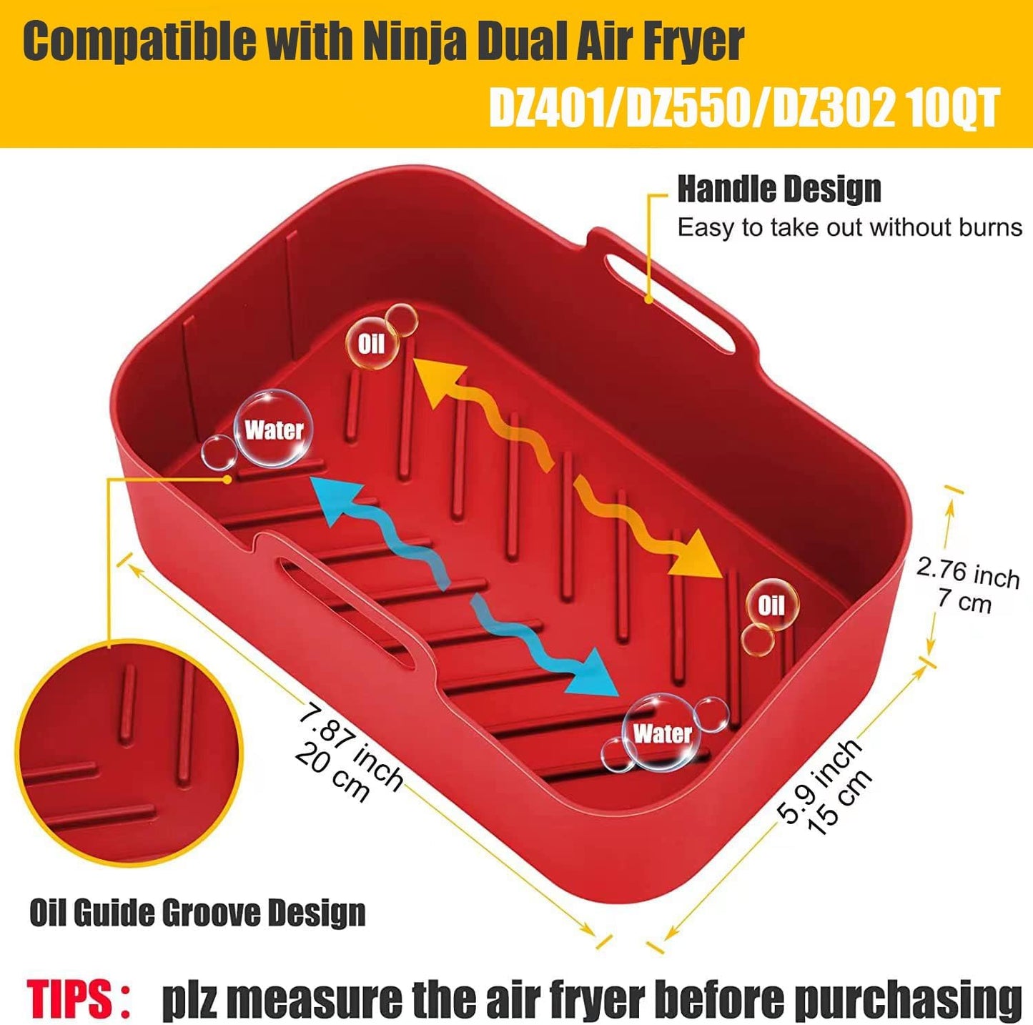2Pcs Air Fryer Silicone Liners Rectangular for Ninja Foodi Dual DZ201 8QT | DZ090 6QT/Ninja DoubleStack SL201 8QT, MMH Reusable Airfryer Pot Baking Basket | Non-stick | Easy Cleaning | Food Safe | Gray