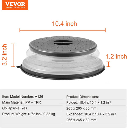 VEVOR Microwave Splatter Cover & Mat, 10.8" Collapsible Microwave Lid for Food, 500°F Heat-Resistant Silicone & Tempered Glass Splatter Guard for Plate Dish, Multi-Purpose Kitchen Gadget with Handle