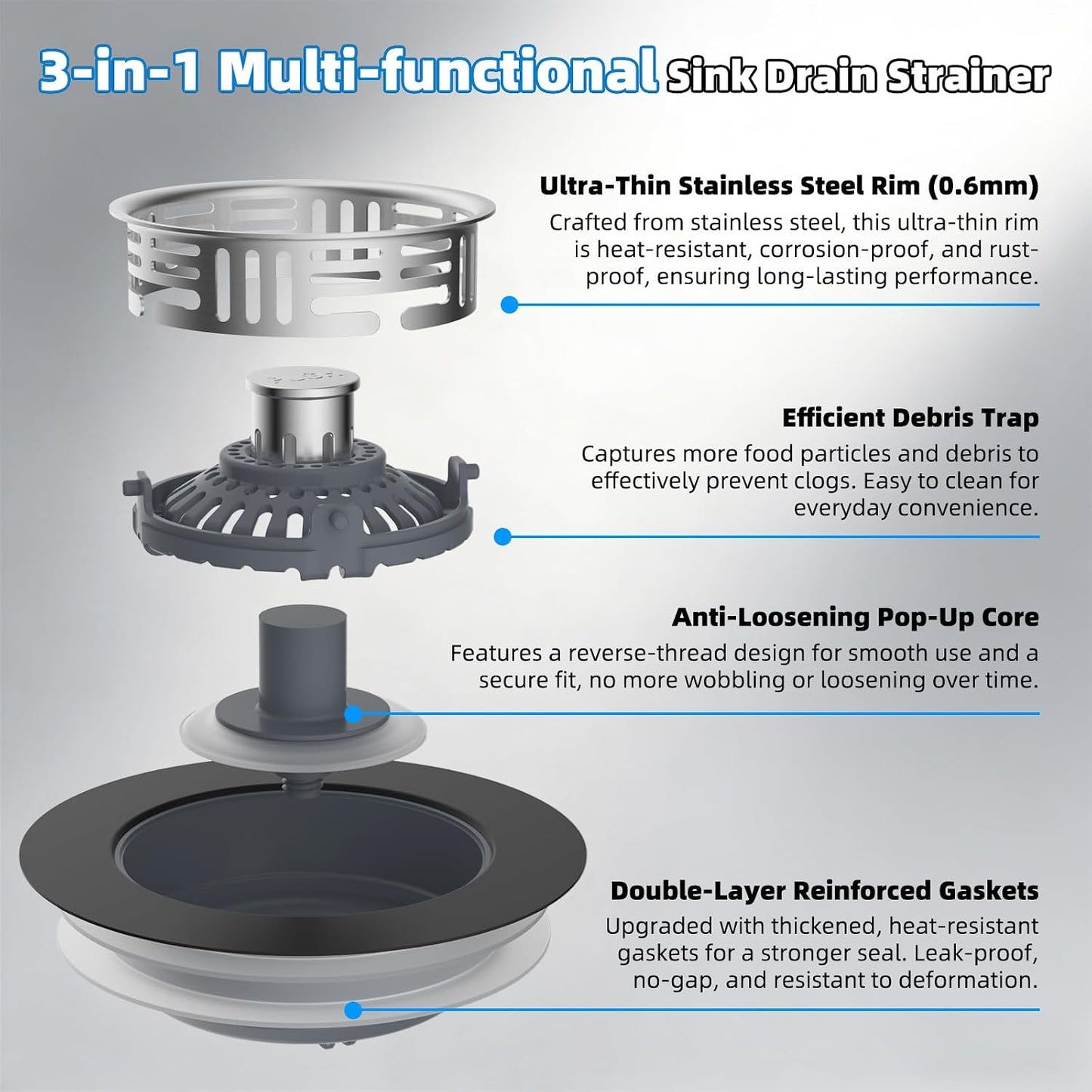 Hibbent 3 in 1 Kitchen Sink Drain Strainer, Metal Pop Up Stopper | Larger Anti-Clogging Basket, 3-Layer Seal, Detachable Sink Drain Plug for US Standard 3-1/2" Drain, Brushed Stainless Steel