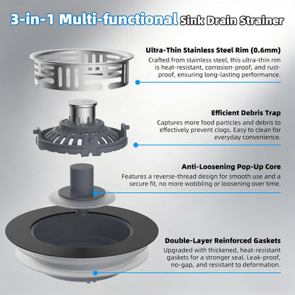 Hibbent 3 in 1 Kitchen Sink Drain Strainer, Metal Pop Up Stopper | Larger Anti-Clogging Basket, 3-Layer Seal, Detachable Sink Drain Plug for US Standard 3-1/2" Drain, Brushed Stainless Steel