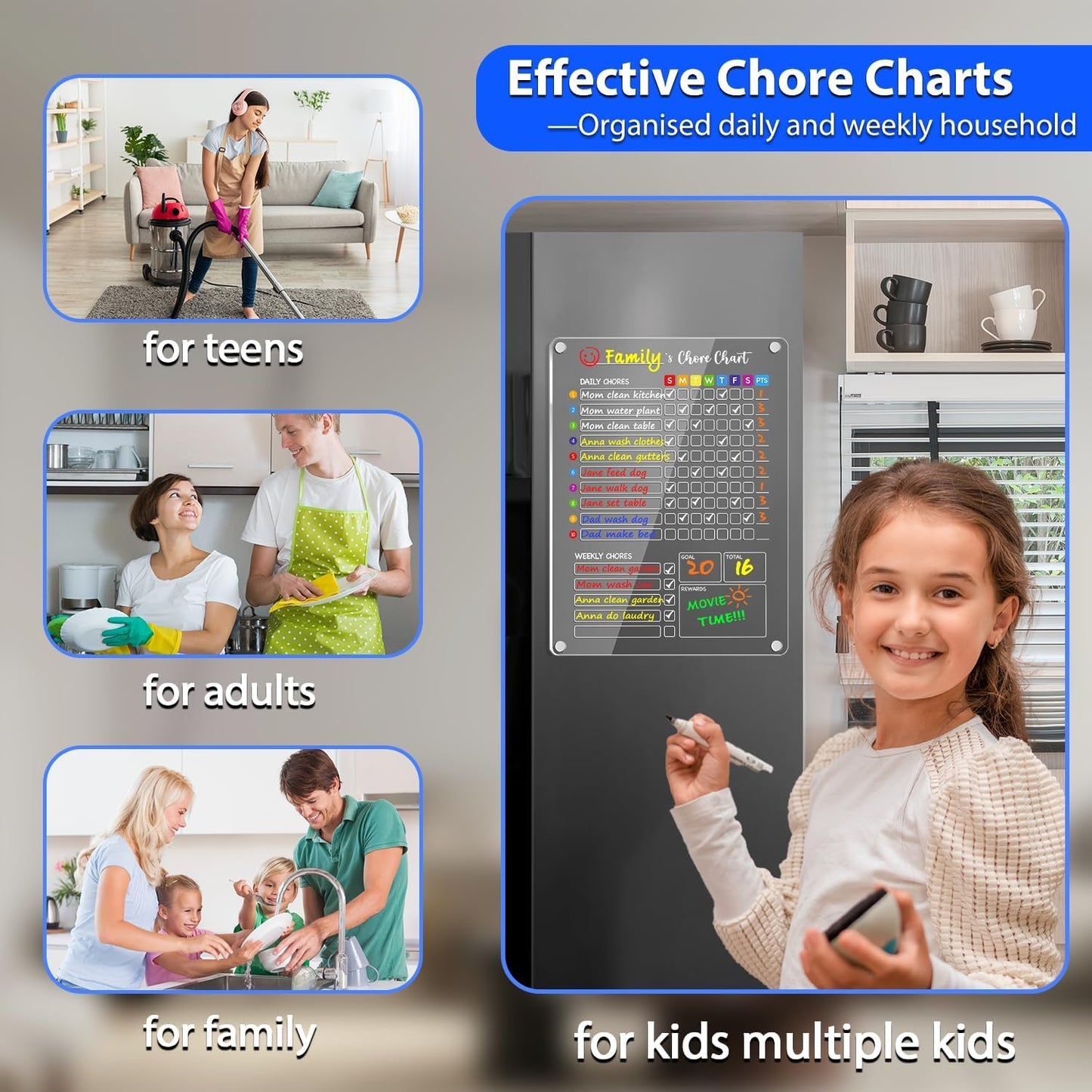 PigPotParty 2-in-1 Acrylic Magnetic Chore Chart for 2 Kids, Large 16x12 in | Clear Dry Erase Fridge Chore Board for Teens, Roommates; Vibrant Layout; Embedded Magnets; 12 Wet-Erase Markers and Towel