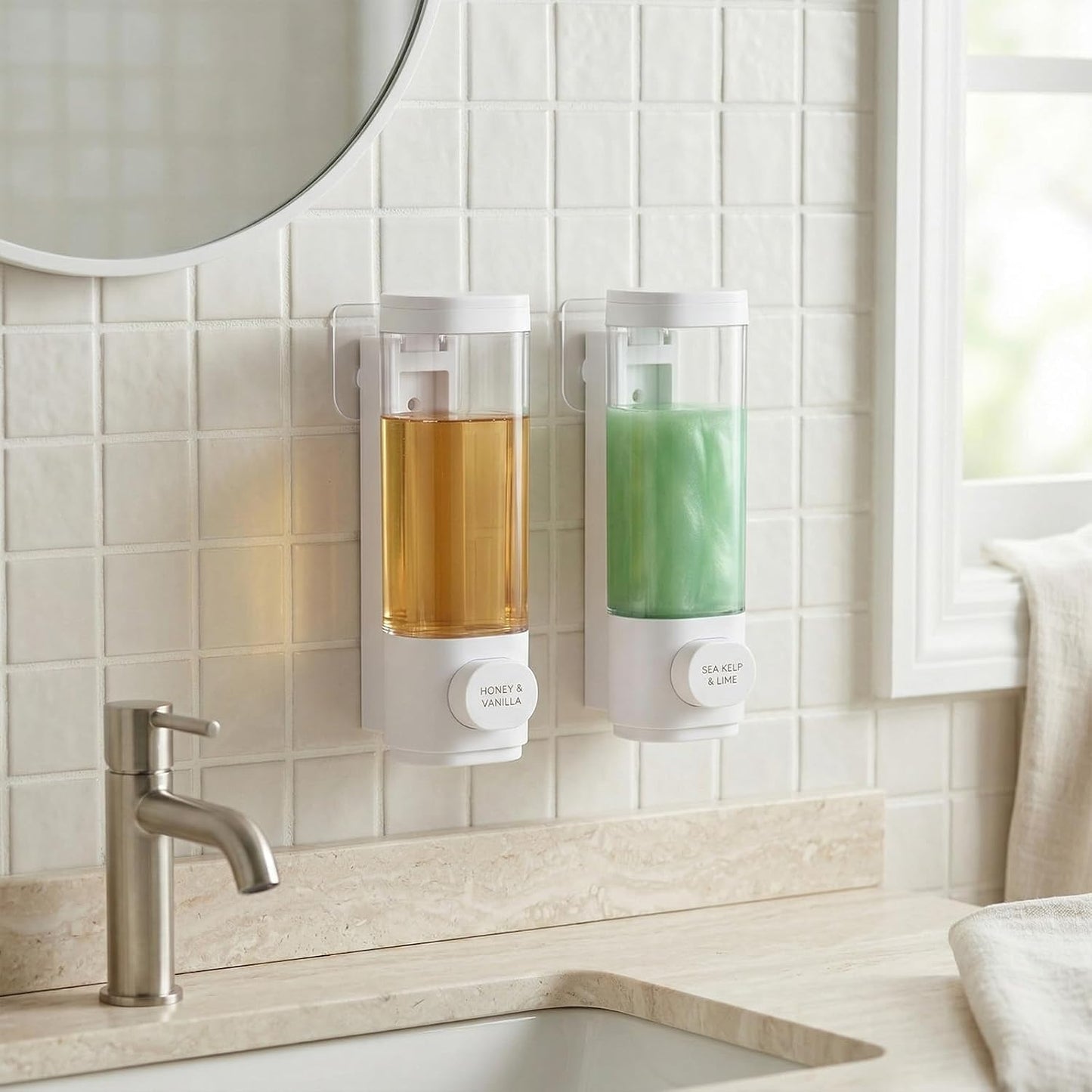 4 Pcs Manual Bathroom Wall Mounted Soap Dispenser, 300ml White Kitchen Bathroom Commercial Shower Clear Refillable Soap Dispenser Clear Plastic Refillable Liquid Lotion Pump and Organizer