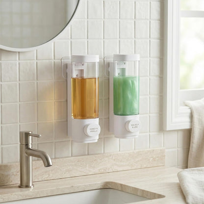 4 Pcs Manual Bathroom Wall Mounted Soap Dispenser, 300ml White Kitchen Bathroom Commercial Shower Clear Refillable Soap Dispenser Clear Plastic Refillable Liquid Lotion Pump and Organizer
