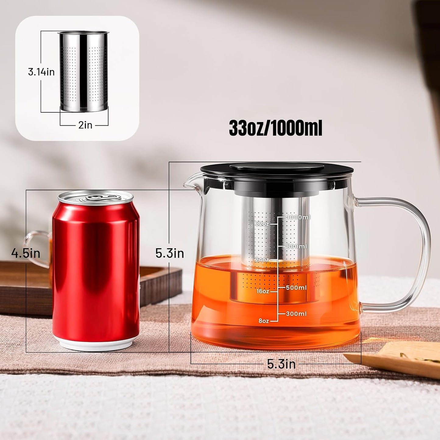 PARACITY Glass Teapot Stovetop 22 OZ/650ml, Tea pot with Removable 18/8 Stainless Steel Infuser, Borosilicate Clear Tea Kettle, Teapot Blooming and Loose Leaf Tea Maker Tea Brewer for Camping, Travel | Clear small tea kettle with infuser and tea pot with