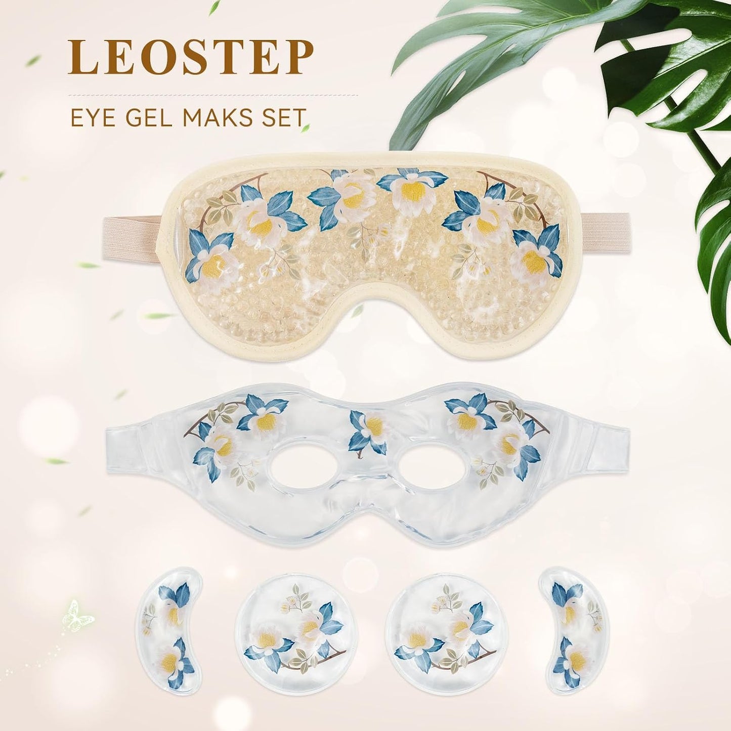 LEOSTEP 4 PCS Cooling Eye Mask Set - Ice Face Mask with Camellia Essential Oil, Cold Eye Compress and Reusable Gel Pads for Eyes Puffiness, Migraine Headache, Dark Circles, Dry Eyes