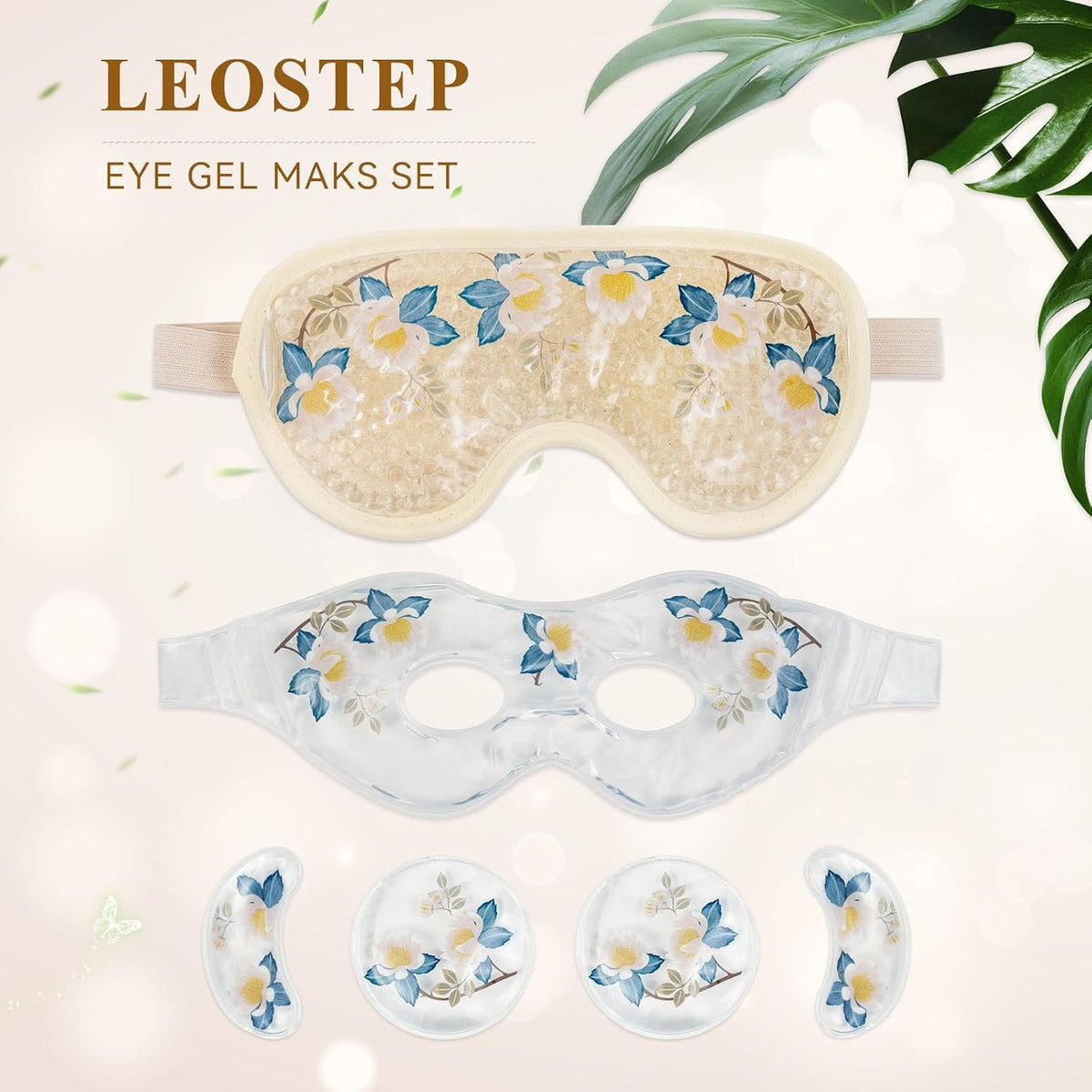 LEOSTEP 4 PCS Cooling Eye Mask Set - Ice Face Mask with Camellia Essential Oil, Cold Eye Compress and Reusable Gel Pads for Eyes Puffiness, Migraine Headache, Dark Circles, Dry Eyes